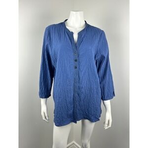 Habitat Crinkle Button Front Shirt Blue Stripe Stretch Women Large 3/4 Sleeve